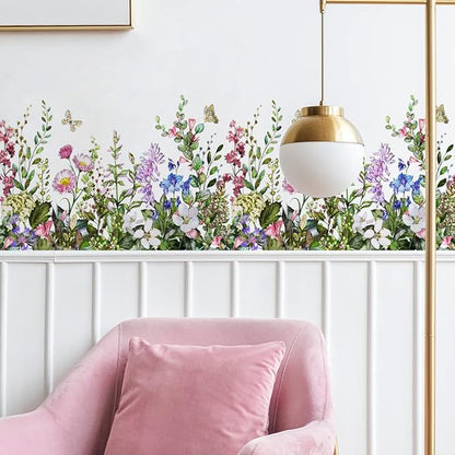Big Plant Grass Wall Corner Stickers Flowers with Butterflies Base Board Skirting Line Wall Decals for Bedroom Living Room Staircase Kitchen
