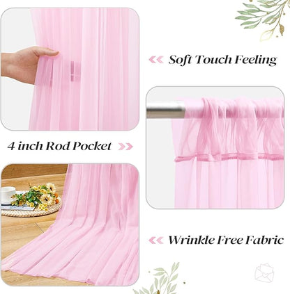 10ft x 10ft Pink Backdrop Curtain with Lights String for Parties, Sheer Tulle Wedding Photo Backdrops Drapes for Baby Shower Birthday Party Decorations Background for Photography
