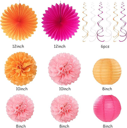 Hot-Pink Orange 21st Happy-Birthday Party-Decorations - 31pcs Sweet 16 18th Women Girls Paper Lanterns Streamers Banner,Tissue Pom Poms Fans Tassels Graland Decor,Fall Boho Backdrop Supplies Hugmoon