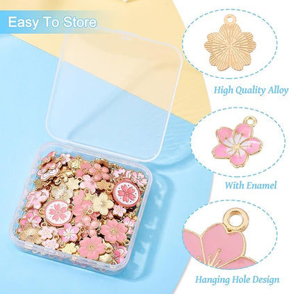 KISSITTY 100Pcs Light Gold Alloy Enamel Charms Cherry Blossom Flower Charm Bulk Gold Plated Pendant Cute Small Floral Dangle Charms for DIY Jewelry Making Kit Bracelet Necklace Keychain Crafts