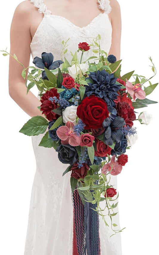 TINGE TIME 17 Inch Artificial Bridal Bouquet - Red and NavyBlue, Realistic Silk Wedding Bouquet, Durable Fake Flowers for Brides, Bridesmaids, Home Decor, and Events