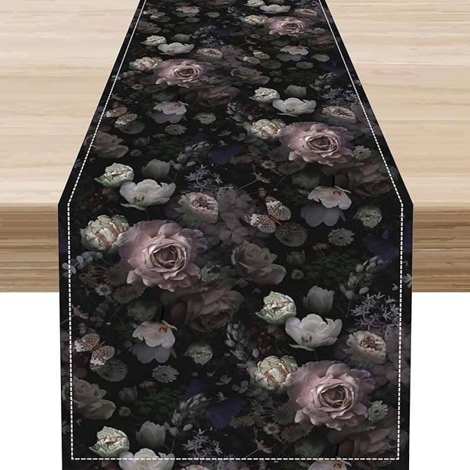 Gothic Floral Table Runner, Black Pink Rose Boho Vintage Art Print Linen Table Center Decor Family Kitchen Outdoor Farmhouse Holiday Party Table Decorations 13x90 inch