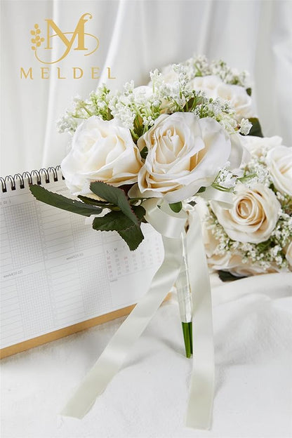 Meldel 6.5 Inch Bridesmaid Bouquet Set of 6, Ivory Wedding Bouquets for Bridesmaids, Small Bridesmaid Bouquets for Wedding, Artificial Wedding Bouquet Flower, Floral Wedding Centerpieces