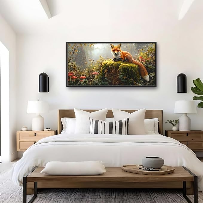 Forest Fox Large Wall Art Framed Rustic Wall Decor for Living Room Fox Mushroom Pictures Oversized Canvas Print Painting Modern Extra Large Framed Artwork for Bedroom Office 60"x30"