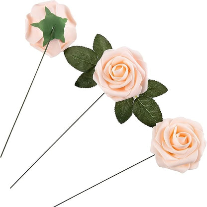 Artificial Flower Foam Rose 25pcs Real Looking Fake Rose with Stems Leaves for Home Decoration Party Garden Centerpieces DIY Wedding Bouquets（Blush）