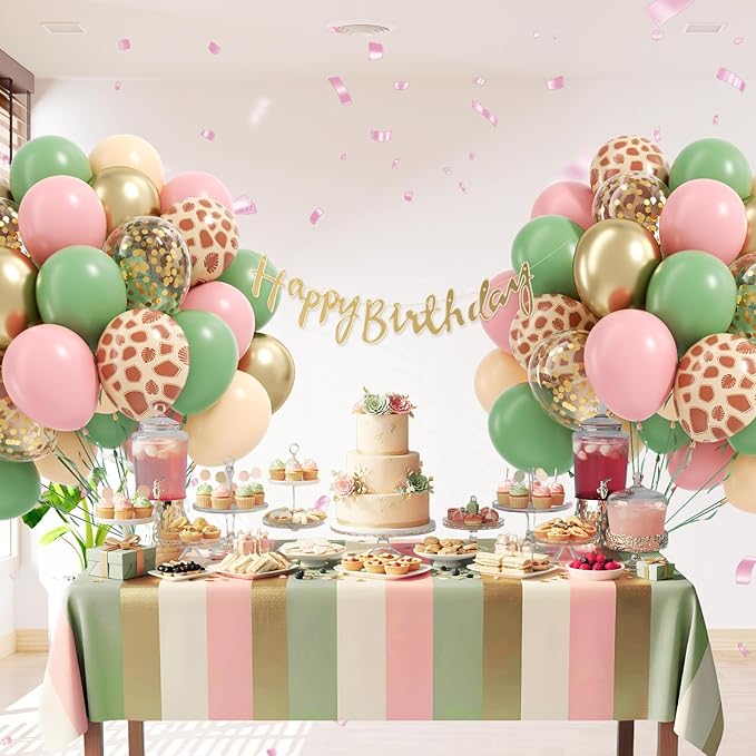 60pcs Safari Balloons 12inch, Sage Green Pink Nude Metallic Gold Confetti Balloons for Wild Safari Baby Shower Birthday Party Decorations