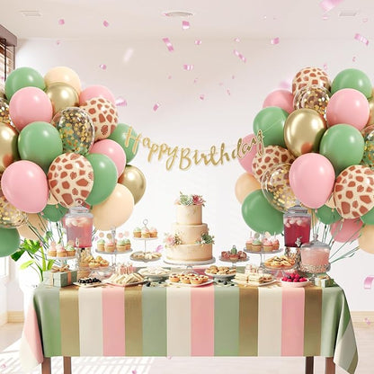 60pcs Safari Balloons 12inch, Sage Green Pink Nude Metallic Gold Confetti Balloons for Wild Safari Baby Shower Birthday Party Decorations