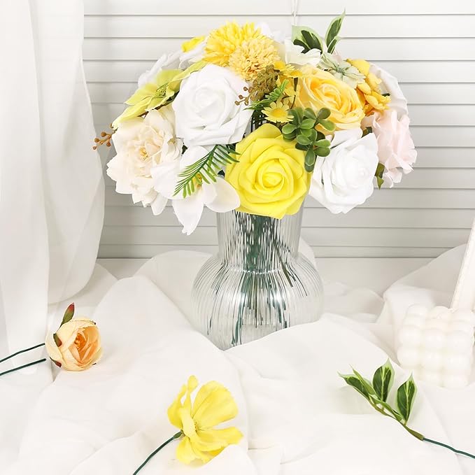 Artificial Flowers Combo Box Set Artificial Bouquets Wedding Flowers Faux Yellow Flowers Roses with Stems for Wedding Centerpieces Party Home Decor