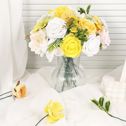 Artificial Flowers Combo Box Set Artificial Bouquets Wedding Flowers Faux Yellow Flowers Roses with Stems for Wedding Centerpieces Party Home Decor