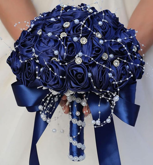 Bridal Wedding Bouquet Round Bling Brooch Bouquet Throw Toss Artificial Rose Flower Bunch for Bride Bridesmaid Wedding Quinceanera(Navy Blue, 7.5")