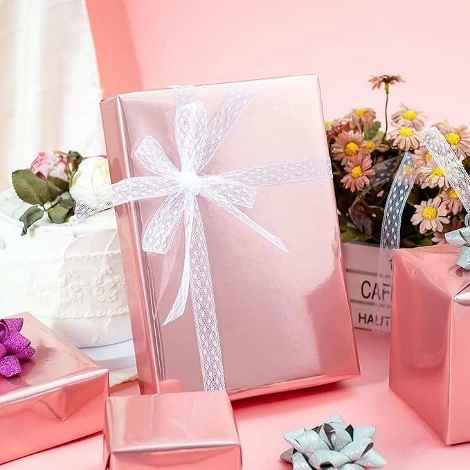 Merture Pink Wrapping Paper Roll - 17 In X 32.8 Ft(46.5 sq.ft.) Metallic Pink Solid Color Gift Wrap with Grid Cutting Lines for Valentines Day, Mothers Day, Wedding, Baby Shower, Birthday, Christmas