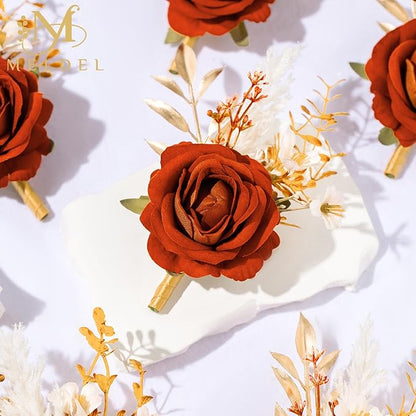 Meldel Burnt Orange Velvet Rose Boutonniere for Men,Set of 6,Groom and Best Man Boutonnieres with Artificial Flower,for Wedding Ceremony Anniversary, Dinner Party, Fall Vintage Rustic Marriage Prom