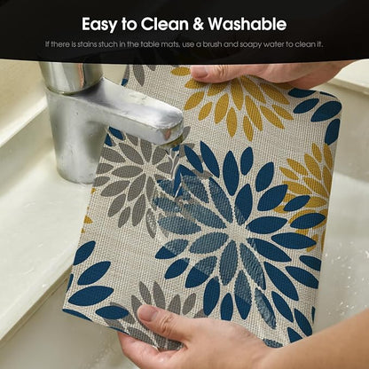 Artoid Mode Floral Vinyl Placemats Set of 6, Heat Resistant Washable Non-Slip Plistic PVC Place Mats for Party Kitchen Dining Decor, Blue Yellow