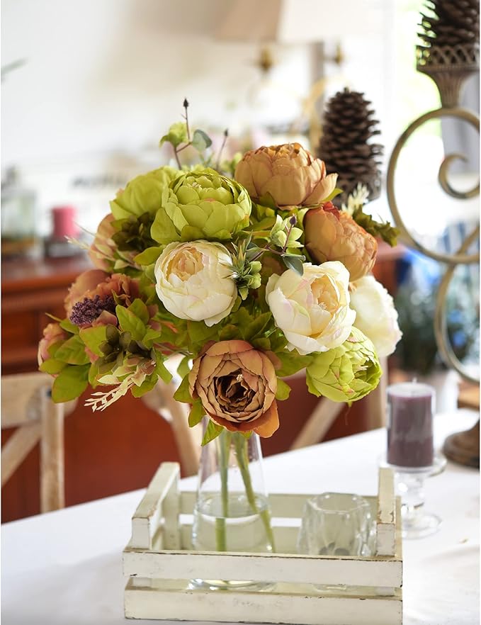 FiveSeasonStuff Vintage Artificial Peonies Silk Peony Flowers and Hydrangeas for Wedding Bridal Home Décor – Beautiful Floral Centerpiece Arrangement 2 Bouquets (Country Rustic Brown Beige Green Mix)