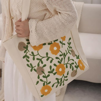 Aesthetic Embroidery Tote Bag for Lady Cute Reusable Canvas Shoulder Bag for Girls Women Shopping Grocery