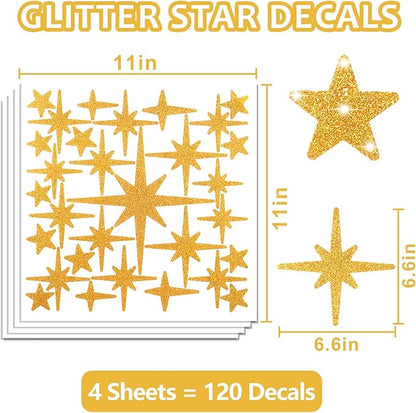 AOWDIAO Glitter Gold Star Peel and Stick Wall Decals - 120 Pcs, Assorted Shapes & Sizes for Room Decor