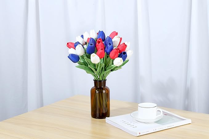 SITUMEIZI 15pcs 4th of July Flowers Tulips Fake Artificial Flowers Silk 14" Patriotc Flower for Independence Day Home Decor Kitchen Floral Arrangements Table Centerpieces(Mix,3)