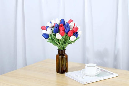 SITUMEIZI 15pcs 4th of July Flowers Tulips Fake Artificial Flowers Silk 14" Patriotc Flower for Independence Day Home Decor Kitchen Floral Arrangements Table Centerpieces(Mix,3)