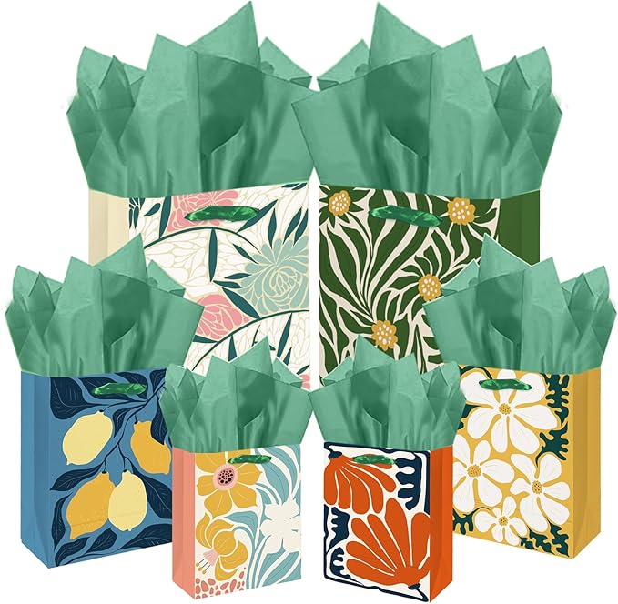 qiqee Clash Flowers Gift Bags with Tissue Paper Mulit Assorted Sizes 10PCS Present Party Favor Birthday Bags(2pcs Large 13", 4pcs Medium 9", 4pcs Small 6"，30pcs Tissue Paper)