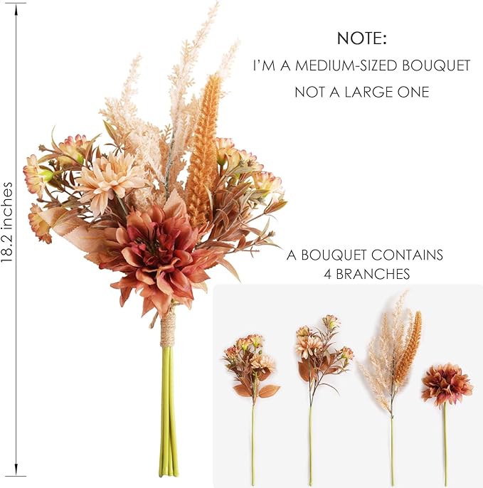 Fake Flower Bouquet, Faux Flower Arrangement for Decorating Kitchens, Bedrooms, Bathrooms, Realistic Artificial Flowers Made of Silk & Plastic, Floral Decoration with Dahlia & Small Blossoms