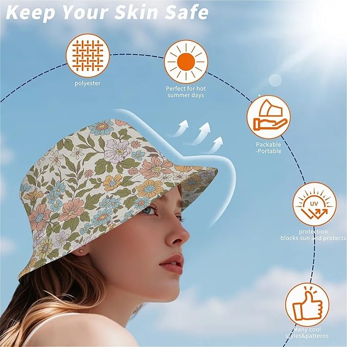 Wildflowers Floral Bucket Hat for Men Women, Summer Vacation Outdoor Travel Reversible Double Side Beach Caps Fisherman Hat