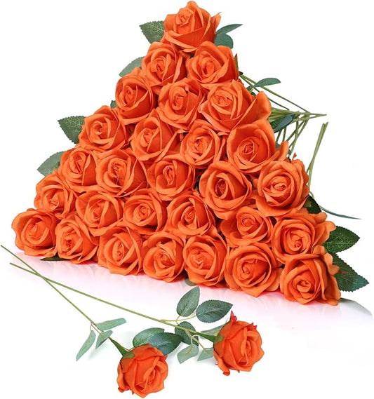 30pcs Fake Roses Artificial Silk Flowers Long Stems Bouquet for Wedding Bridal Shower Party Home Decoration (Orange)