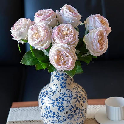 Light Pink 4pcs Fake Flowers for Decoration Home Decor Real Touch Artificial Flowers Austin Rose Peony Latex Fake Flower Living Room Decoration Vivid Pink Roses Peonies(Pink Edge 4pcs)