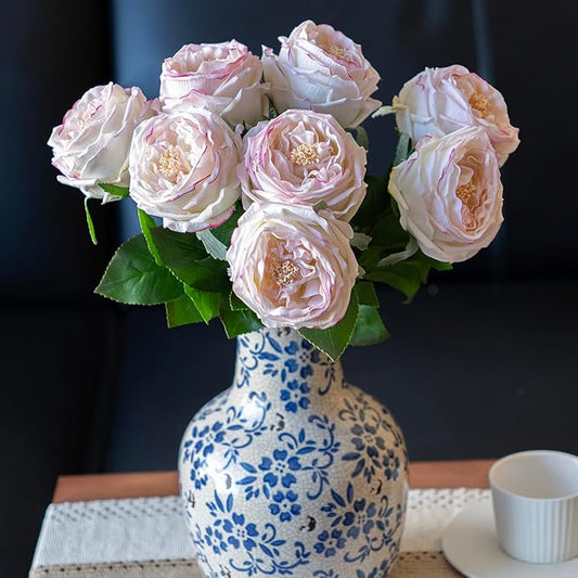 Light Pink 4pcs Fake Flowers for Decoration Home Decor Real Touch Artificial Flowers Austin Rose Peony Latex Fake Flower Living Room Decoration Vivid Pink Roses Peonies(Pink Edge 4pcs)