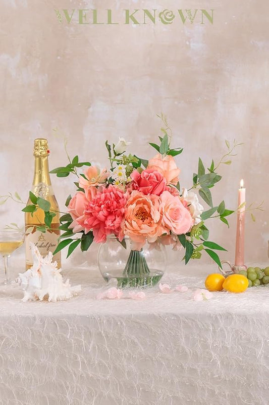Artificial Flowers in Vase with Fake Water, Silk Peony Rose Flowers Bouquet with Glass Vase for Thanksgiving Party Birthday Wedding Dinning Table Centerpieces Office Decor & Gift (Coral & Peach Plus)