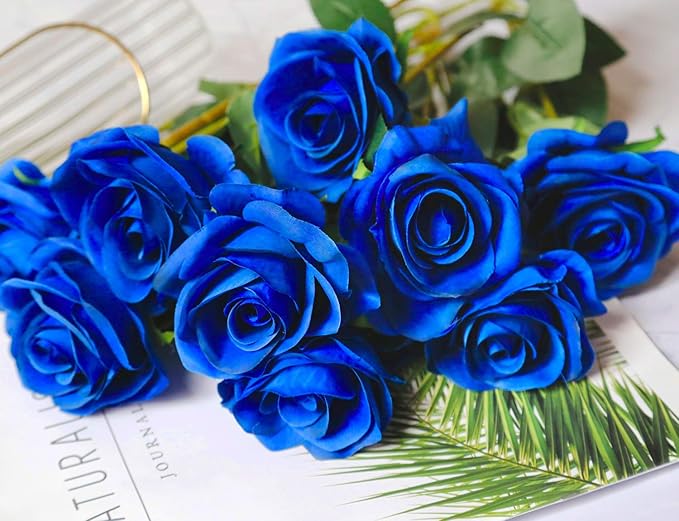 DuHouse 10pcs Fake Roses Artificial Silk Flowers Faux Rose Flower Long Stems Bouquet for Arrangement Wedding Centerpiece Party Home Kitchen Decor (Royal Blue)