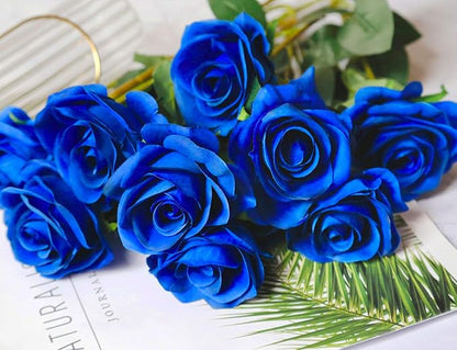 DuHouse 10pcs Fake Roses Artificial Silk Flowers Faux Rose Flower Long Stems Bouquet for Arrangement Wedding Centerpiece Party Home Kitchen Decor (Royal Blue)