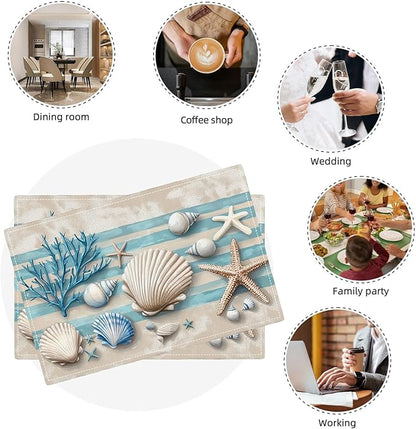 Summer Sea Shell Placemats Set of 6, Coastal Starfish Place Mats, Rustic Summer Ocean Dining Table Mats, Washable Placemats for Kitchen Dining Room 18L'' × 12W''