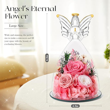 RoseValley Angel Roses Gifts for Mom,Preserved Real Flowers Roses in Glass Angel Figurines,Christmas Birthday Gifts for Grandma Women Mom Wife Mother in Law/Pink