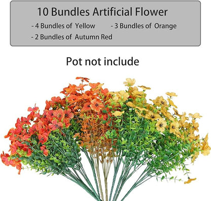 10 Bunch Artificial Fall Fake Flowers Bouquet with Plastic Plants Eucalyptus Faux Flowers for Outdoors Decoration,Home Decor,Vase Arrangements,Thanksgiving Gift, (Orange-Yellow)