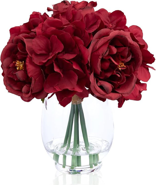 Artificial Flowers Silk Peonies & Hydrangea in Glass Vase with Fake Water, Fake Rose Bouquet Arrangement with Vase for Home Wedding Christmas Party Decor as Table Centerpieces & Gift (Classical Red)
