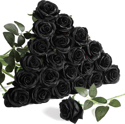 Nubry 24pcs Artificial Silk Roses Bulk,Fake Roses Flower with Stems Realistic Flowers for Wedding Centerpiece Home Party Decor(Black)