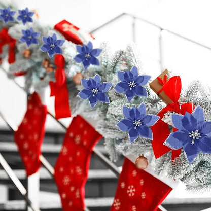 WILLBOND 24 Pcs 3 Size Poinsettia Flower Artificial Christmas Decor Glitter Poinsettia Christmas Ornaments Faux Flowers for Xmas Tree Outdoor(3.2/4/6 Inches,Navy Blue)