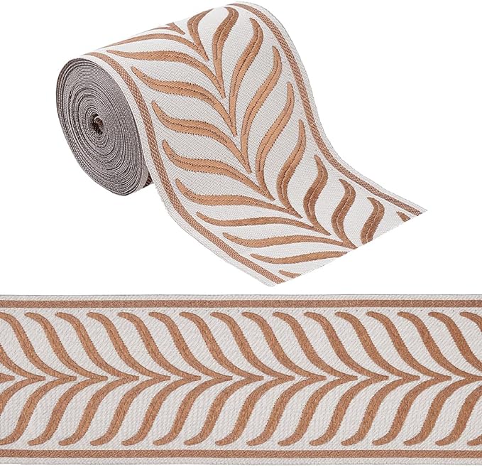 OLYCRAFT 5.5 Yards/5M Jacquard Ribbon Trim 3.4 Inch Leaf Striped Jacquard Polyester Ribbons Camel Leaf Jacquard Woven Embroidery Trim for DIY Sewing Crafts Handmade Bag Belts Clothing Decoration
