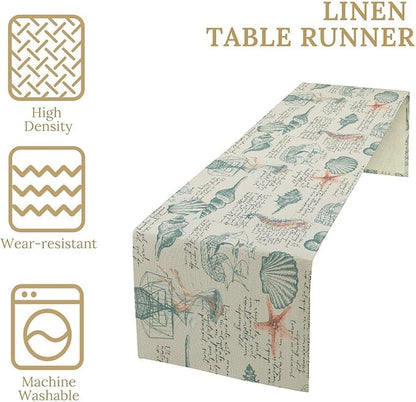 Starfish Table Runner,Seashells Beach Coastal Nautical Sailboat Jellyfish Vintage Hand Drawn Burlap for Hotel Indoors Outdoor Dining Room Kitchen Table Decor, 13x70in
