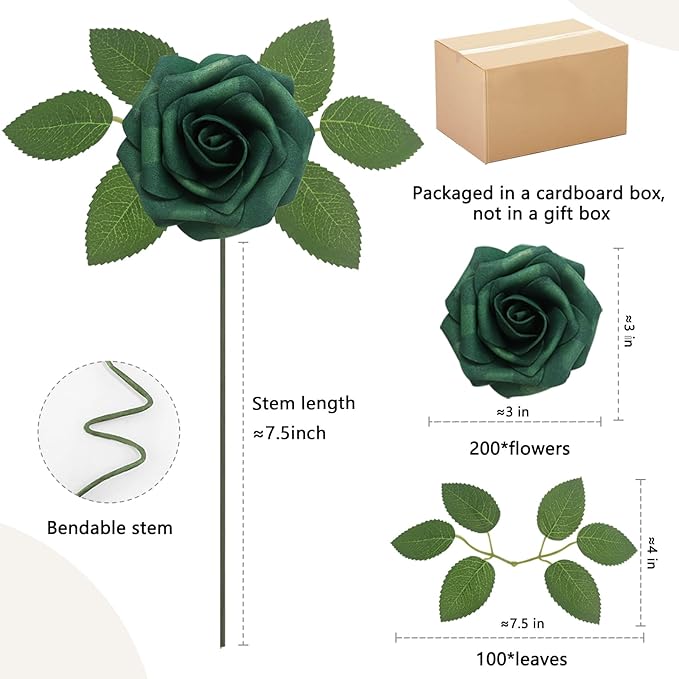200Pcs Peacock Green Artificial Flowers Roses Real Looking Foam Fake Roses with Leaves for DIY Wedding Bouquets Bridal Shower Party Decorations (Peacock Green, 200)