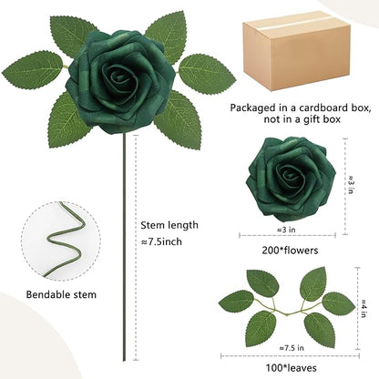 200Pcs Peacock Green Artificial Flowers Roses Real Looking Foam Fake Roses with Leaves for DIY Wedding Bouquets Bridal Shower Party Decorations (Peacock Green, 200)
