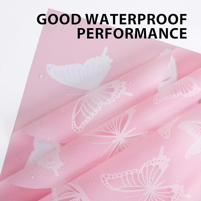 NESCCI 20 Sheet Flower Wrapping Paper - Waterproof Floral Bouquet Wrapping Paper, Florist Supplies Packaging Paper for Wedding Birthday Gift DIY (Butterfly Pink)