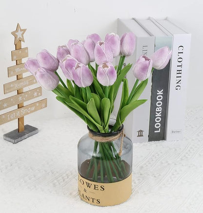 IPOPU Real Touch Purple Tulips 24PCS Artificial Flowers for Decoraion Fake Tulips Light Purple Flowers Floral Arrangements Artificial Faux Tulip Decor for Table Home Kitchen Decor (Light Purple)