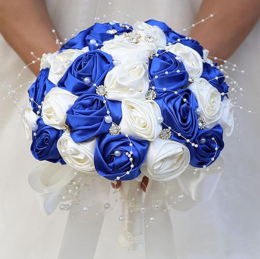 Bridal Wedding Bouquet Round Bling Brooch Bouquet Throw Toss Artificial Rose Flower Bunch for Bride Bridesmaid Wedding Quinceanera(Royal Blue & Ivory, 9.8")