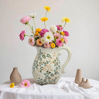 Vintage Ceramic Flower Pitcher Vase Home Decor - Tabletop Rustic Large Vase for Decor Living Room Bookshelf Office Kitchen Cottage, White Vases for Bouquet, with Handle | Grand Millennial | 8.3inch