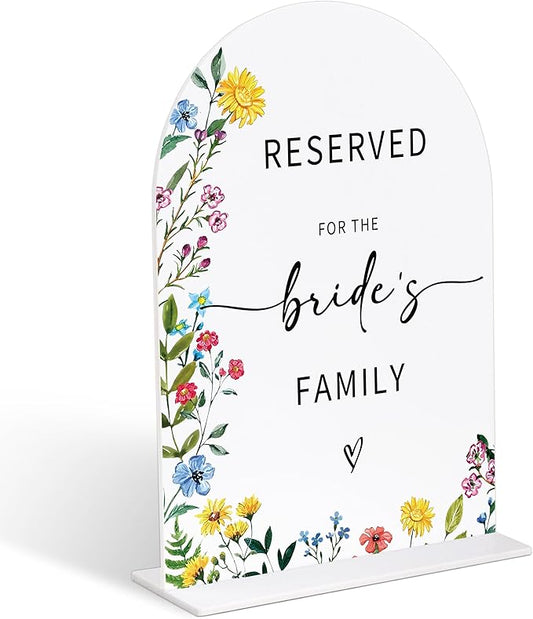 Acrylic Wedding Signs Reserved Table Sign for Reception, Reserved for The Bride's Family, 6x8" Floral Themed Arch Acrylic Table Decor, Love Is In Bloom Decorations for Bridal Shower Engagement