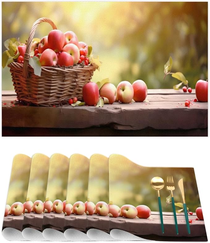 Apple Fall Fruit Basket Placemats Set of 6 PVC Vinyl Non Slip Table Mats Heat Resistant Place Mats Washable Wipeable Dining Table Mat for Kitchen Decor Party Indoor Outdoor Decorative Gift