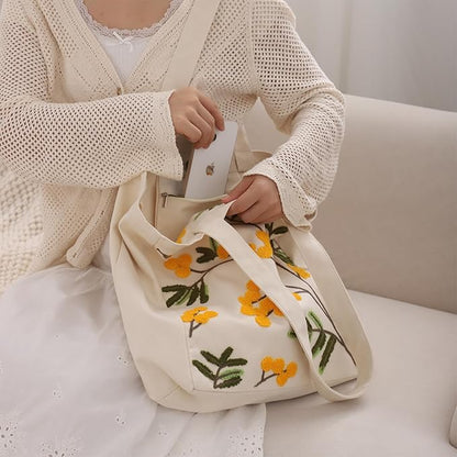 Aesthetic Embroidery Tote Bag for Lady Cute Reusable Canvas Shoulder Bag for Girls Women Shopping Grocery