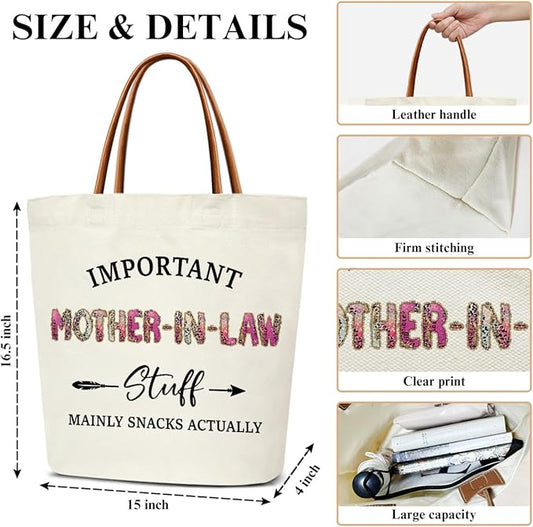 Canvas Tote Bag for Women, Important Stuff Bag with Leather Handle, Reusable Grocery Bags for Shopping Beach Travel