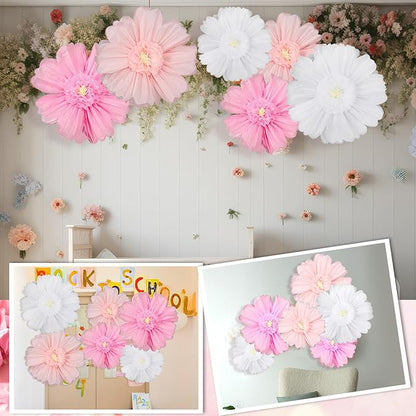 Giegxin 6 Pcs 31.5 " 24 " Pink and White Giant Paper Flowers Extra Large Pink Floral Tissue Paper Flowers Floral Decoration for Mexican Fiesta Wall Wedding Bridal Shower Birthday Decor